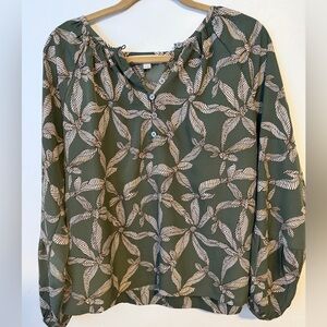 LOFT Olive and Cream Patterned Blouse